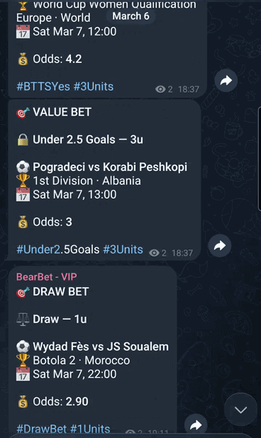 BearBet Telegram channel preview showing value bets being shared